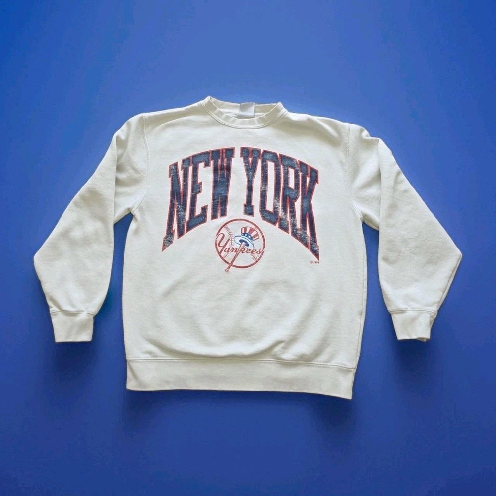 💥 '47 Brand Vintage Tubular NY Yankees Crewneck Sweatshirt Ivory Distressed S